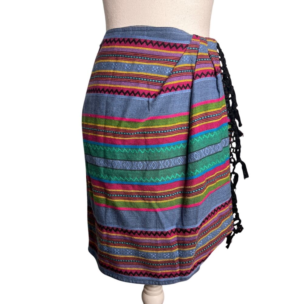 Vintage LizWear Multicolor Fiesta Stripe Wrap Skirt Fringe Western Size Small